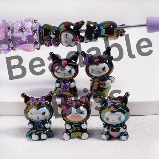 Acrylic Beads UV Coating Black Adorable Character in Various Style, Random Mix