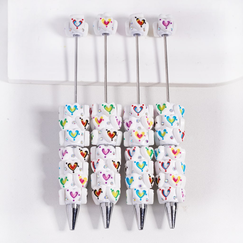 Beadable Clay Pens with Concavo-Convex Hearts in Various Color and AB Rhinestones Valentine's Day Style