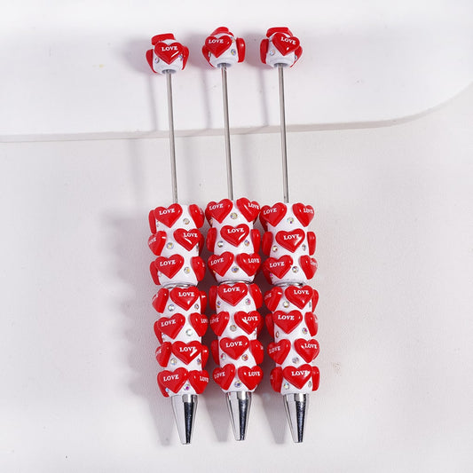 Beadable Clay Pens with Text "LOVE" Red Hearts and AB Rhinestones Valentine's Day Love Theme