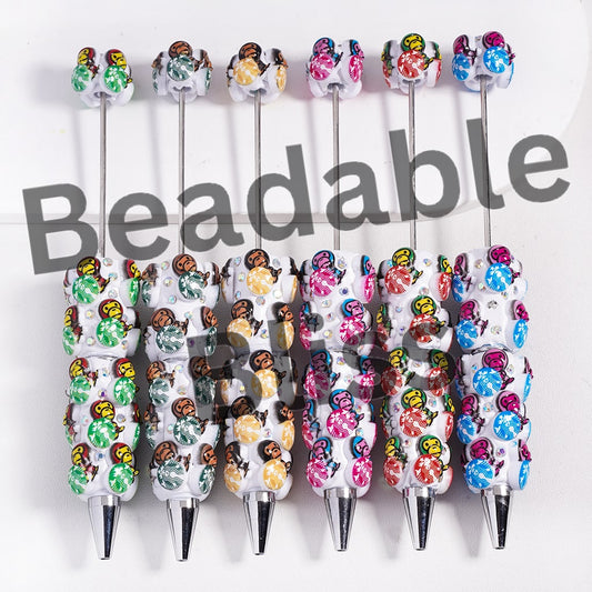 Beadable Clay Pens with Monkey Holding Coffee and AB Rhinestones, Multi-Color, Random Mix