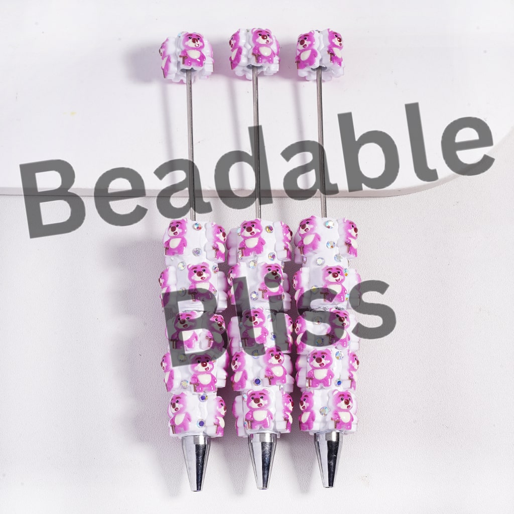 Beadable Clay Pens with Pink Bear Use Brown Crutch and AB Rhinestones