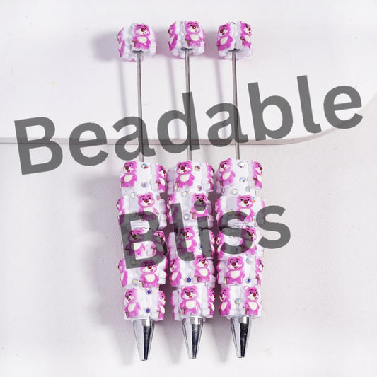 Beadable Clay Pens with Pink Bear Use Brown Crutch and AB Rhinestones