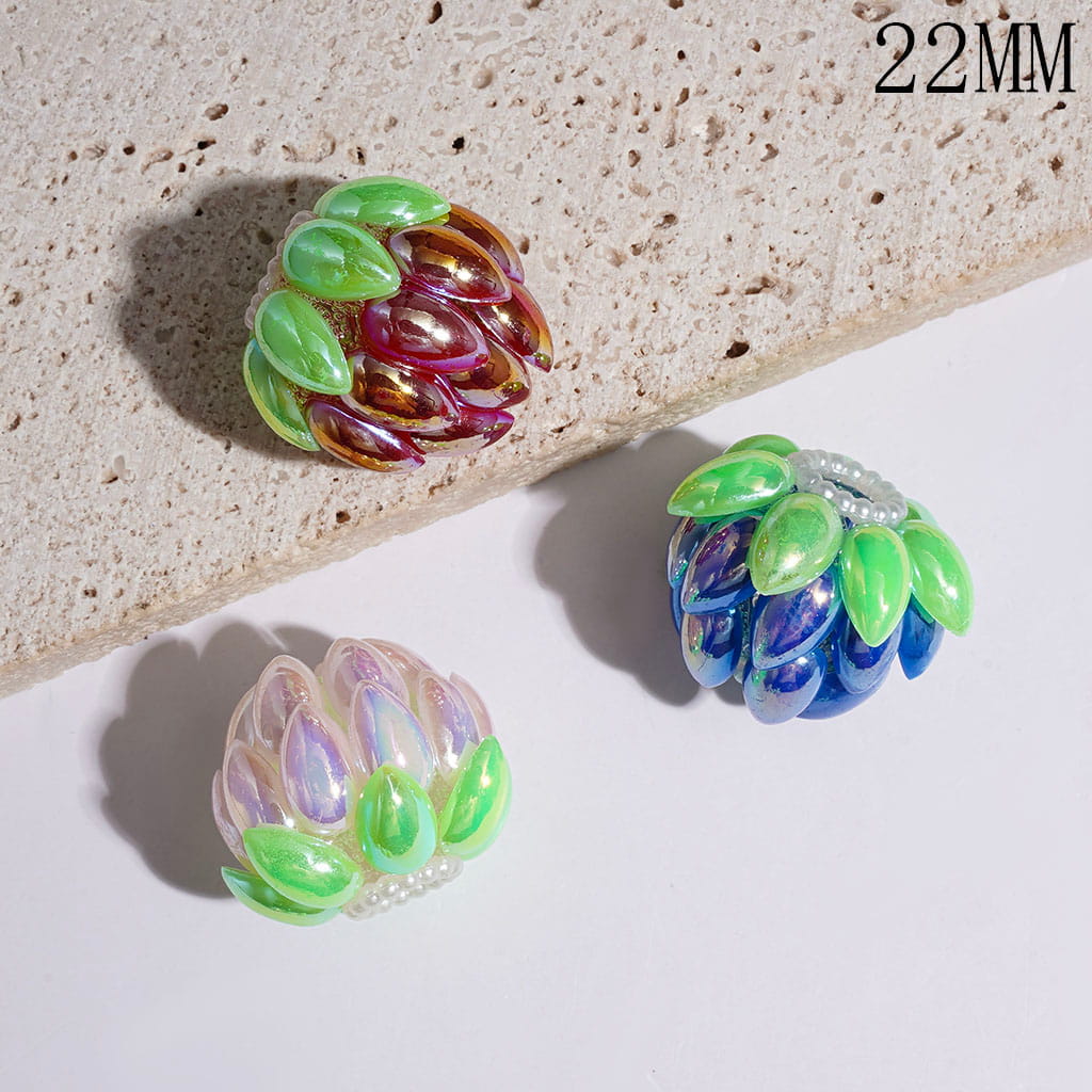 UV Coating Water Drop Shaped Petaled Lotus and White Pearl Loop Handmade Acrylic Beads, 22MM, Various Colors, Random Mix