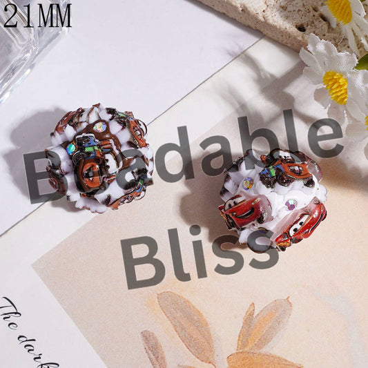 21MM Sports Car Character and AB Rhinestones Clay Beads, Red Brown Style, Random Mix