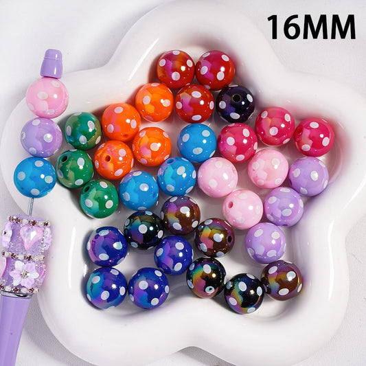 Acrylic Beads with UV Coating and White Polka Dots, 16MM, Multi-Color