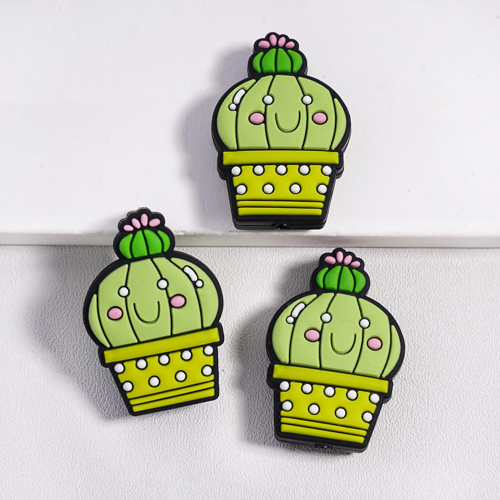Silicone Focal Beads Lovely Cactus with Yellow-Green Flowerpot