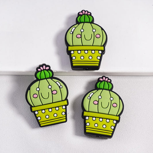 Silicone Focal Beads Lovely Cactus with Yellow-Green Flowerpot