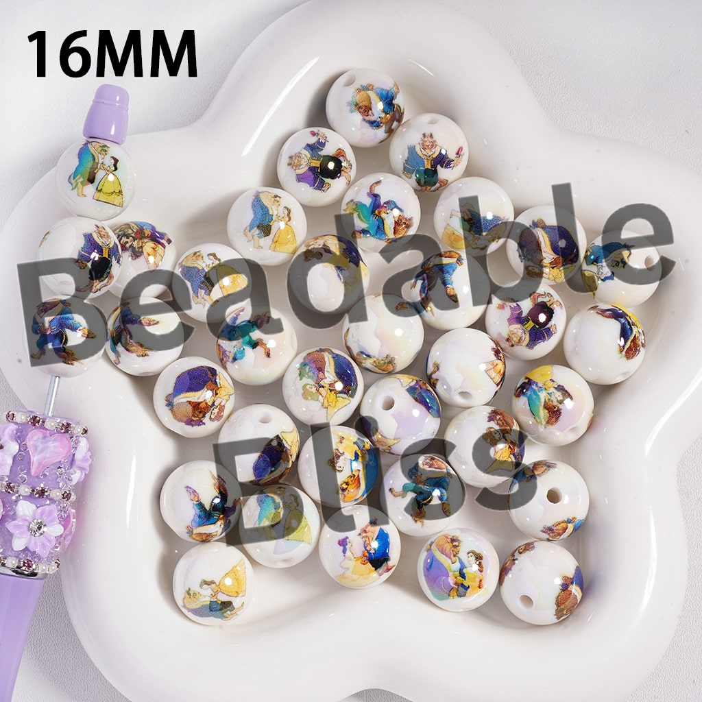 Acrylic Beads UV Coating Beautiful Girl and Wild Beast in White Background, 16MM