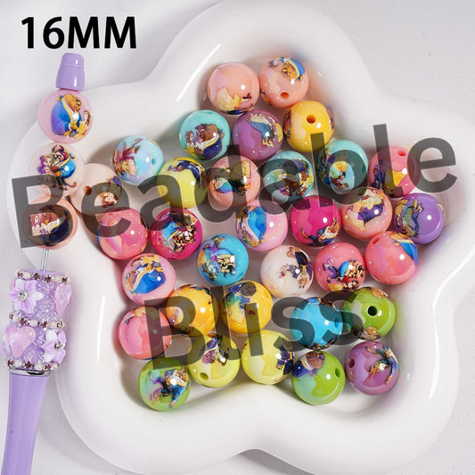 Acrylic Beads UV Coating Beautiful Girl and Wild Beast, 16MM, Multi-Color, Random Mix