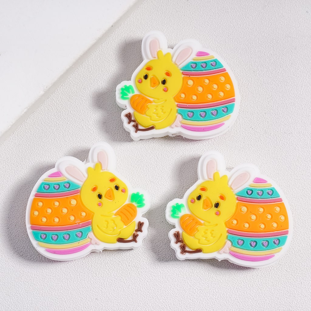 Silicone Focal Beads Easter Chick Holding Carrot and Rest Against the Egg with Rabbit Ears