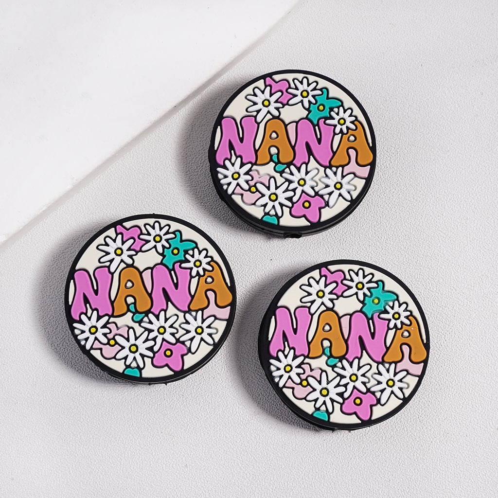 Silicone Focal Beads with Text "NANA" and Flowers in Various Colors, Flat Round Shape