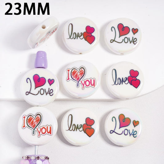 Acrylic Beads UV Coating with Text "Love" and Hearts Valentine's Day Theme, 23MM, Random Mix