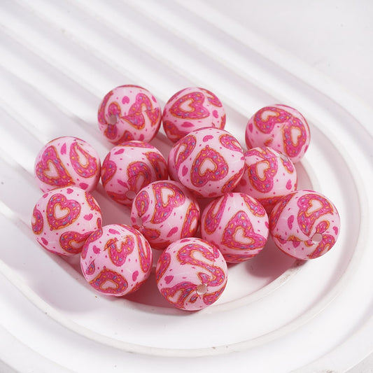 Silicone Focal Beads with Pink Heart-Shaped Doughnut Prints Valentine's Day Donut , 15MM