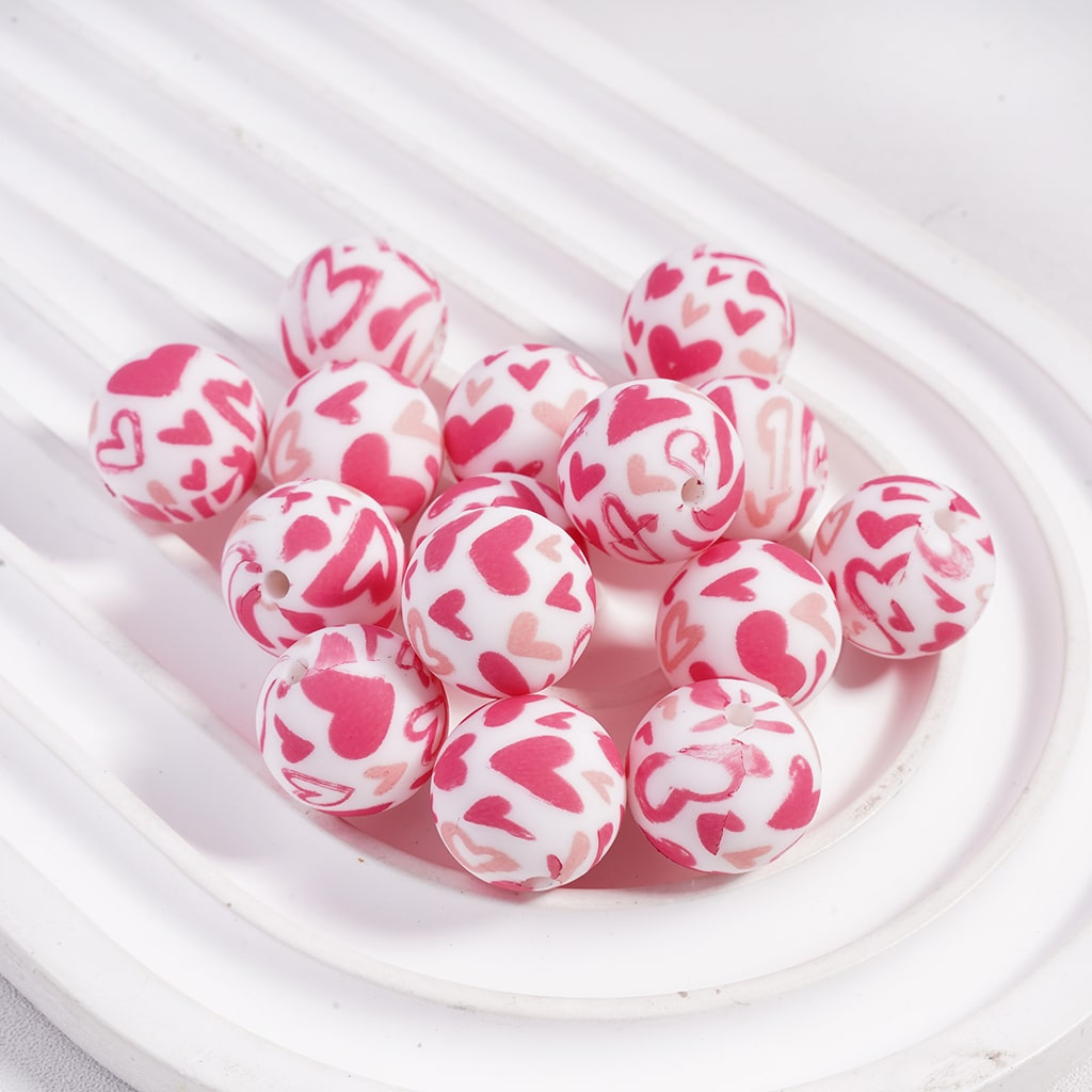 Silicone Focal Beads with Pink Series Hearts Prints Valentine's Day Style, 15MM