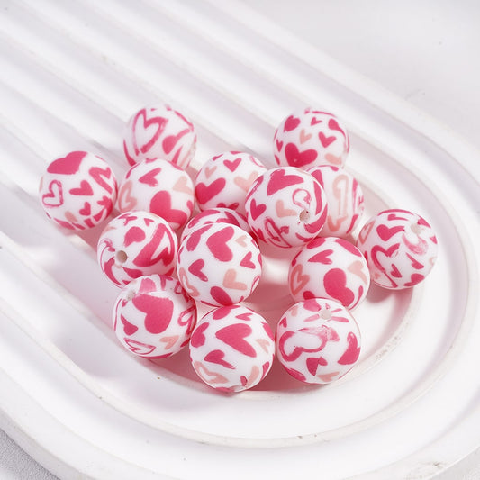Silicone Focal Beads with Pink Series Hearts Prints Valentine's Day Style, 15MM