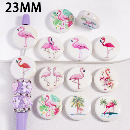 Acrylic Beads UV Coating Flamingo Series in White Background, 23MM, Random Mix