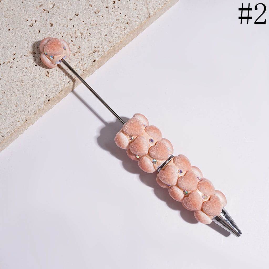Beadable Clay Pens with Fluffy Flocked Heart and AB Rhinestones, Red and Nude Pink