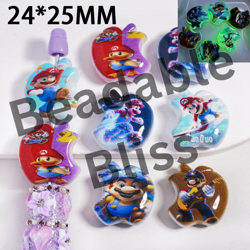 Acrylic Beads Luminous Cute Plumber Character Series, Apple Shape, 24*25MM, Random Mix