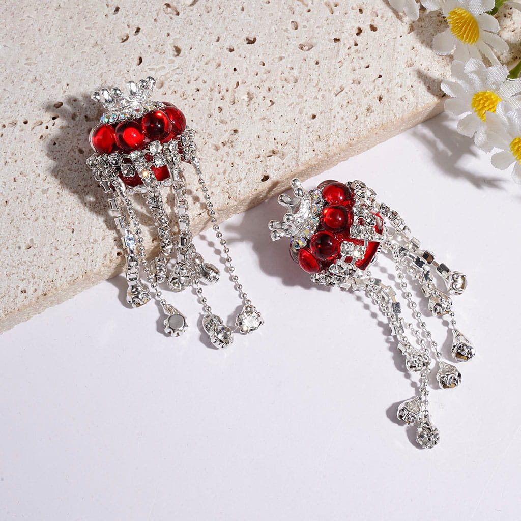 Handmade Acrylic Beads with Silver Metal Crown & Flower Base & Half-Shell Round, AB Rhinestone Chains & Clear Rhinestone Tassel, Multi-Color