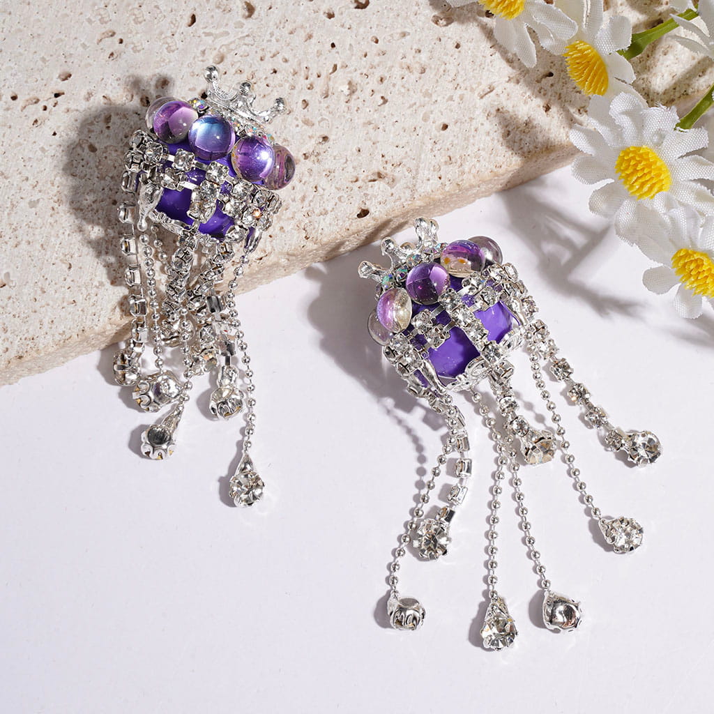 Handmade Acrylic Beads with Silver Metal Crown & Flower Base & Half-Shell Round, AB Rhinestone Chains & Clear Rhinestone Tassel, Multi-Color