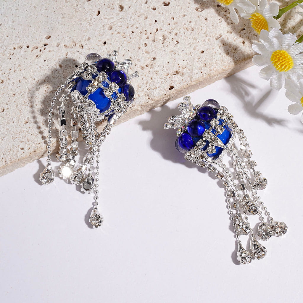 Handmade Acrylic Beads with Silver Metal Crown & Flower Base & Half-Shell Round, AB Rhinestone Chains & Clear Rhinestone Tassel, Multi-Color