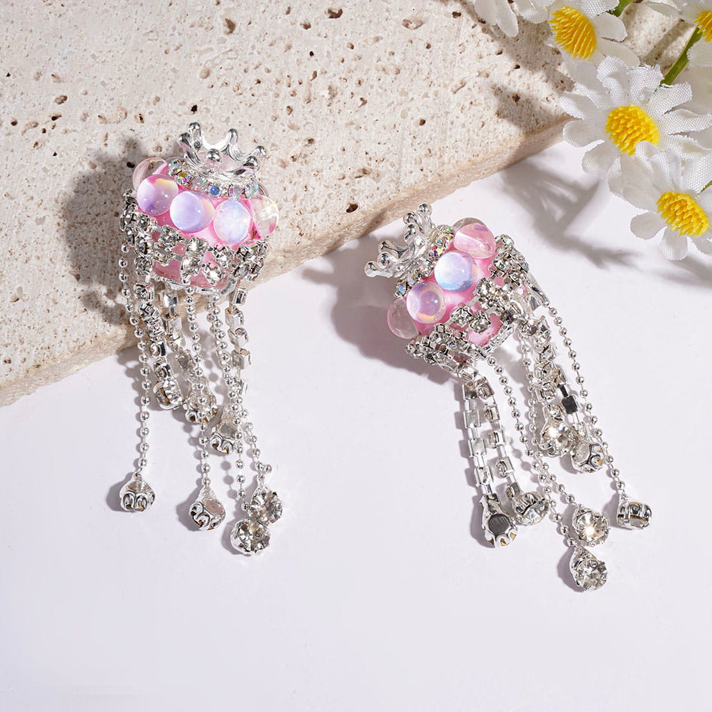 Handmade Acrylic Beads with Silver Metal Crown & Flower Base & Half-Shell Round, AB Rhinestone Chains & Clear Rhinestone Tassel, Multi-Color