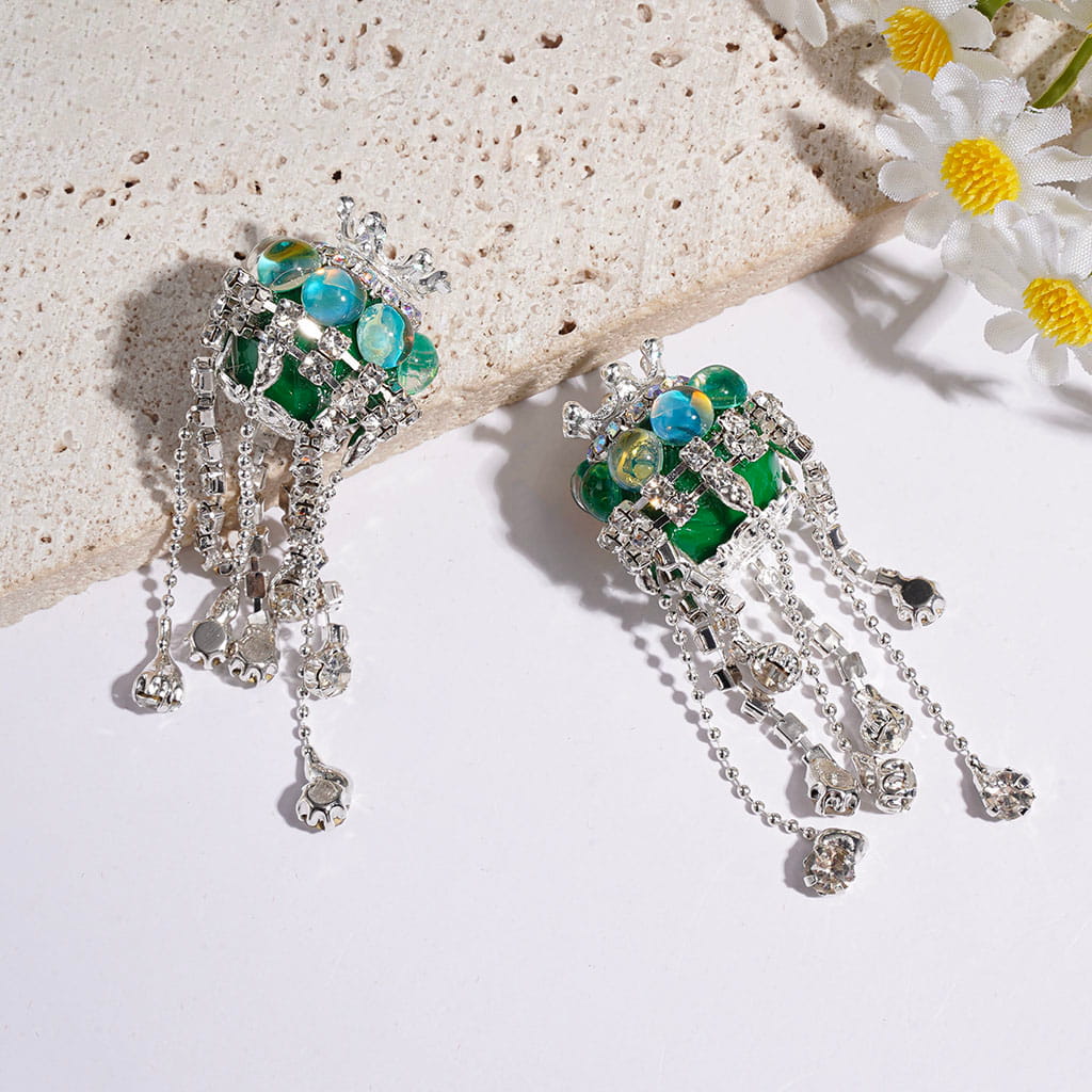 Handmade Acrylic Beads with Silver Metal Crown & Flower Base & Half-Shell Round, AB Rhinestone Chains & Clear Rhinestone Tassel, Multi-Color