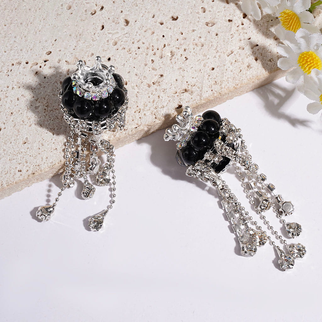 Handmade Acrylic Beads with Silver Metal Crown & Flower Base & Half-Shell Round, AB Rhinestone Chains & Clear Rhinestone Tassel, Multi-Color