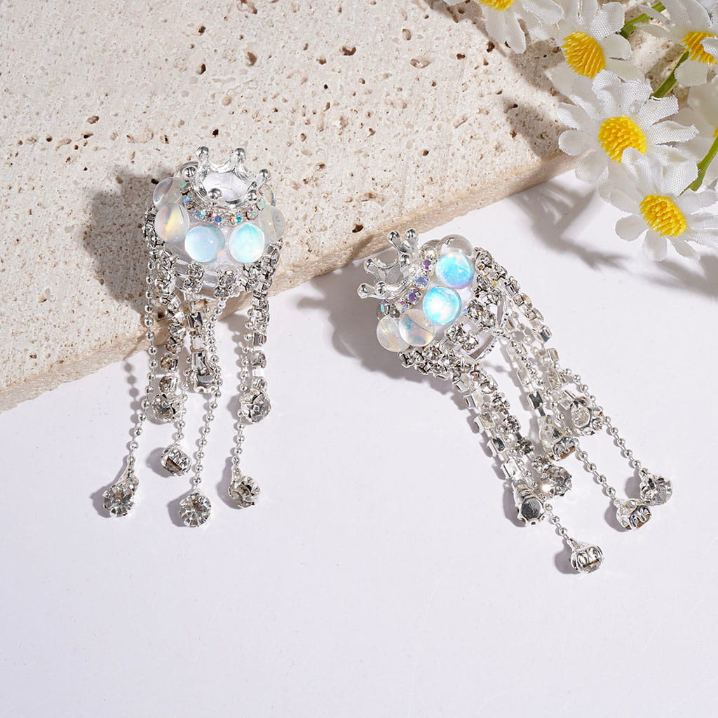 Handmade Acrylic Beads with Silver Metal Crown & Flower Base & Half-Shell Round, AB Rhinestone Chains & Clear Rhinestone Tassel, Multi-Color