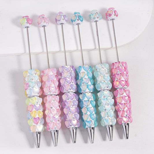 Beadable Clay Pens with Glossy Hearts in Macaron Color AB Rhinestones Valentine's Day Theme, Multi-Color, Random Mix