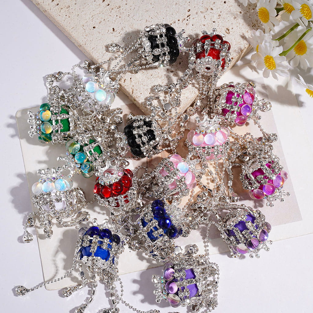Handmade Acrylic Beads with Silver Metal Crown & Flower Base & Half-Shell Round, AB Rhinestone Chains & Clear Rhinestone Tassel, Multi-Color