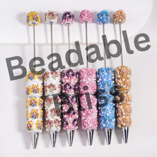 Beadable Clay Pens with Magical Girl Character Series and White Pearls, Random Mix