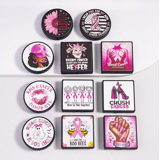 Silicone Focal Beads Breast Cancer Awareness Serious with Different Designs, Random Mix