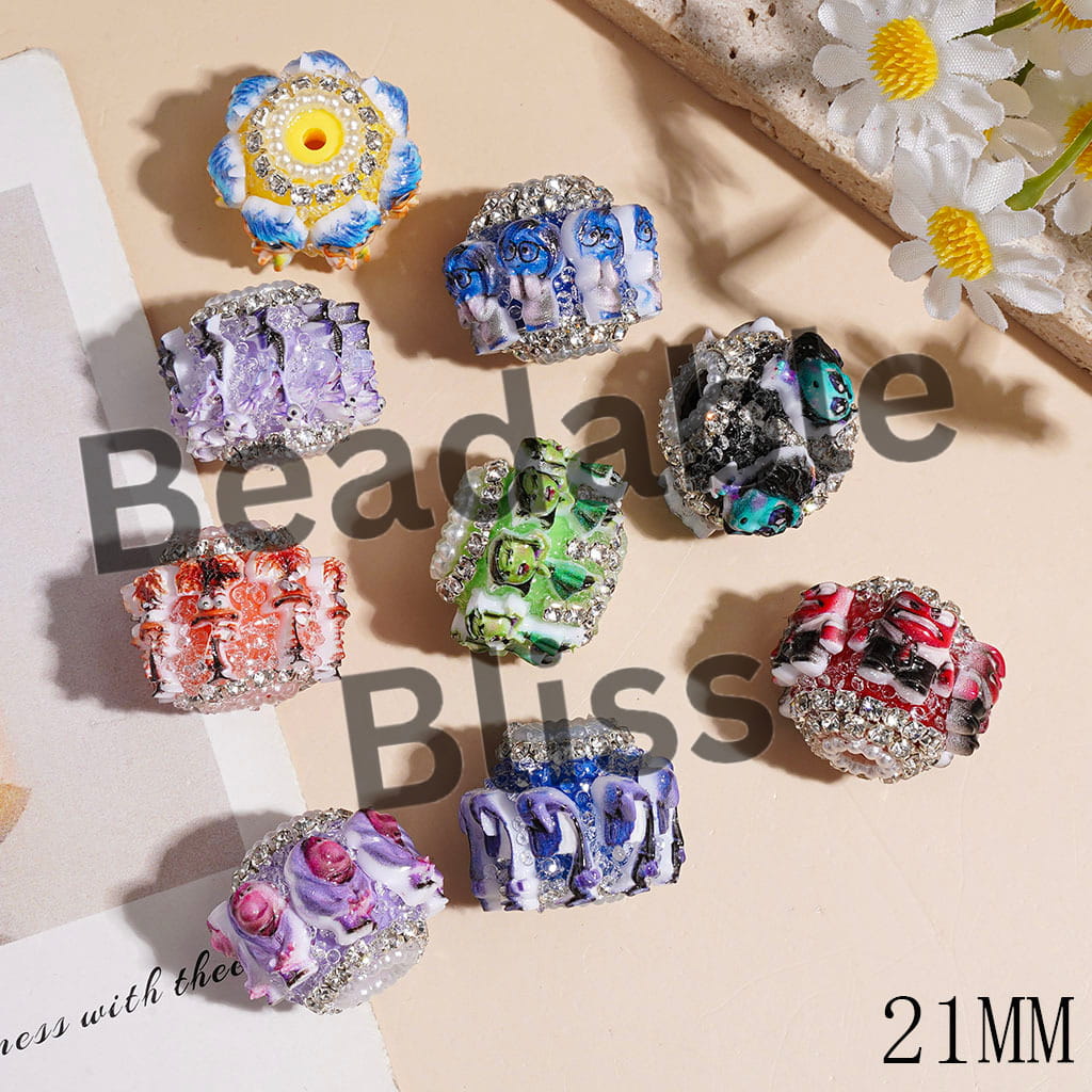 Sugar Beads with Five Mental Emotions Character Series and Cone Shaped Rhinestones, Clear Rhinestone and White Pearl Chains,21MM Random Mix