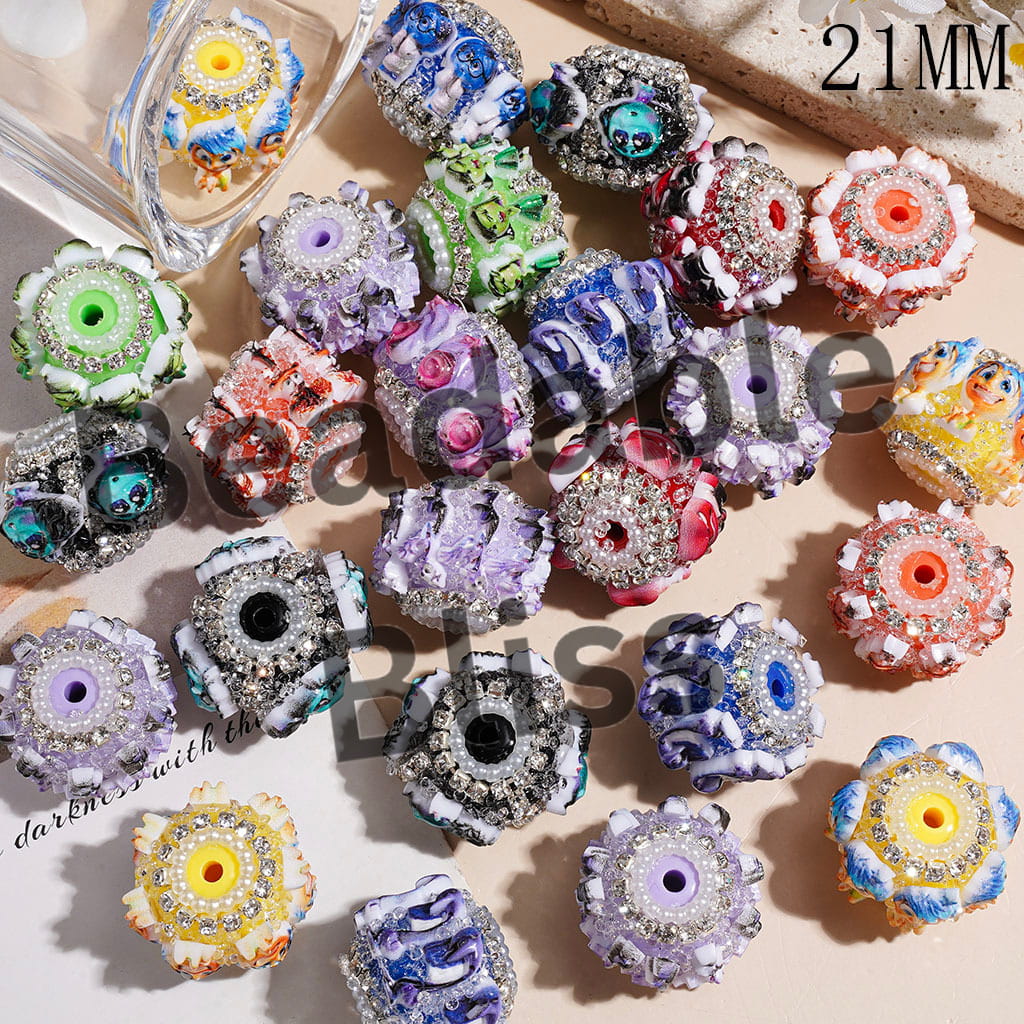 Sugar Beads with Five Mental Emotions Character Series and Cone Shaped Rhinestones, Clear Rhinestone and White Pearl Chains,21MM Random Mix
