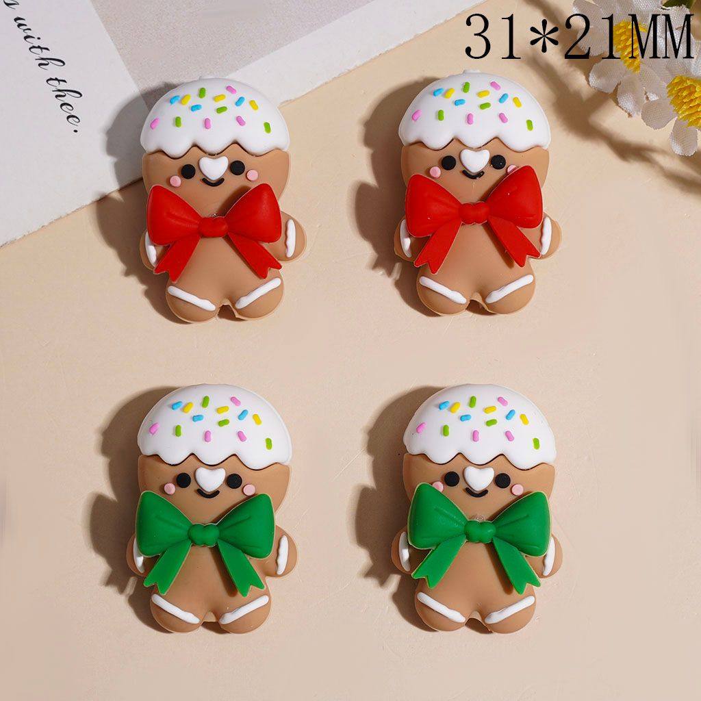 Gingerbread Man with Bowtie Candy Hat 3D Silicone Focal Beads, 31*21MM Red & Green
