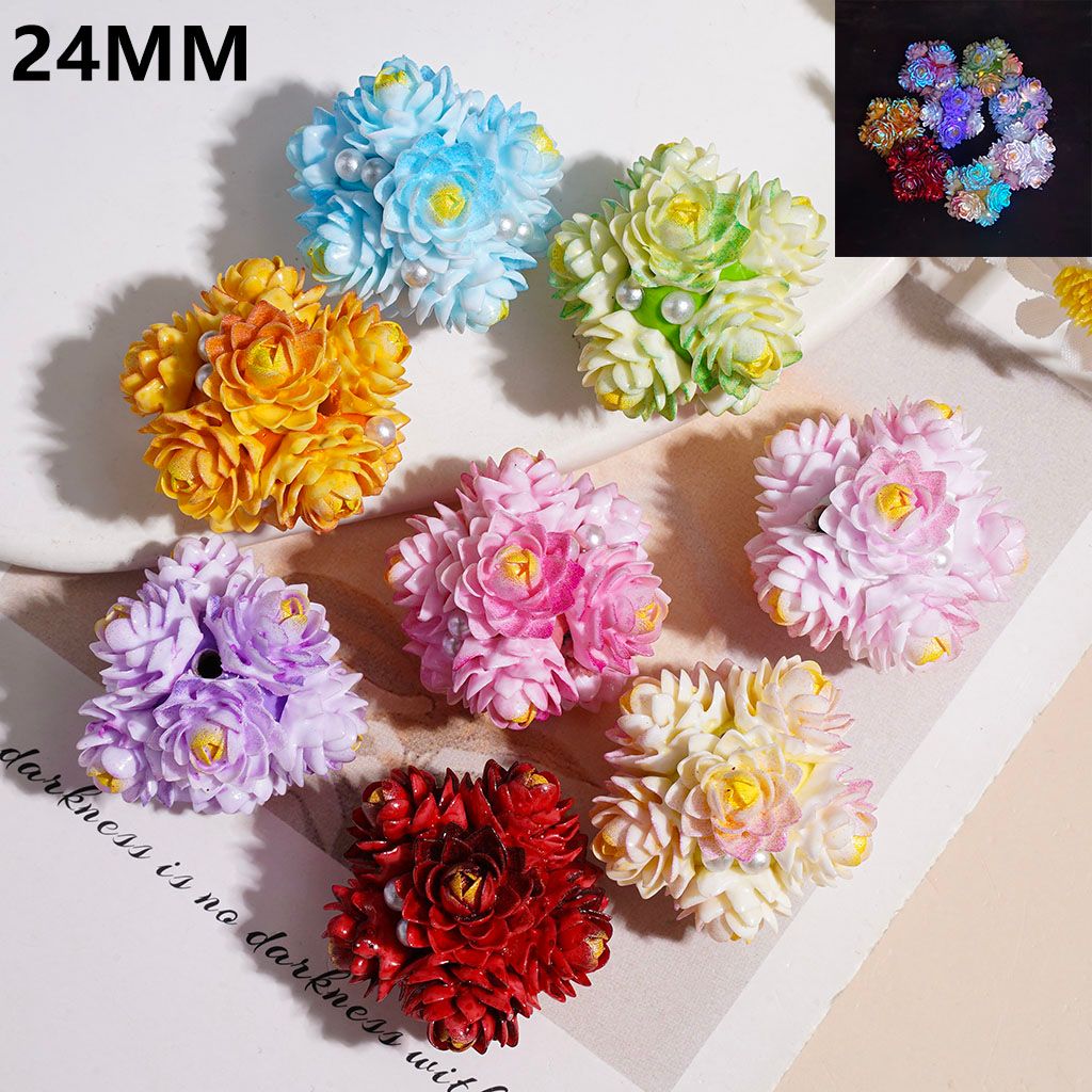 Luminous and Ombre Color Blooming Lotus Flower with Yellow Stamen Clay Beads, White Pearls, 24MM, Random Mix, Multi-Color