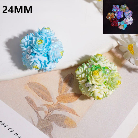 Luminous and Ombre Color Blooming Lotus Flower with Yellow Stamen Clay Beads, White Pearls, 24MM, Random Mix, Multi-Color