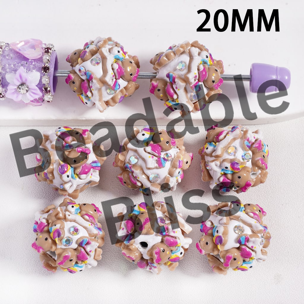 Clay Beads with Cute Cat Character on the Unicorn and AB Rhinestones, 20MM