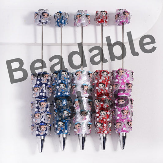 Beadable Clay Pens with Old Girl Character and White Pearls, Random Mix