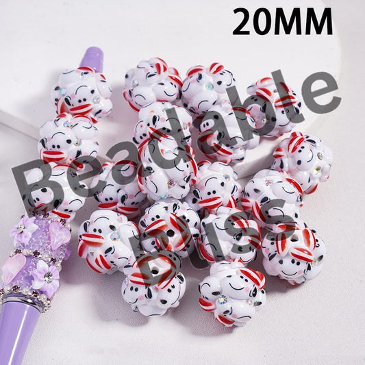 Clay Beads with Beagle Dog Wearing Red Hat and AB Rhinestones, 20MM