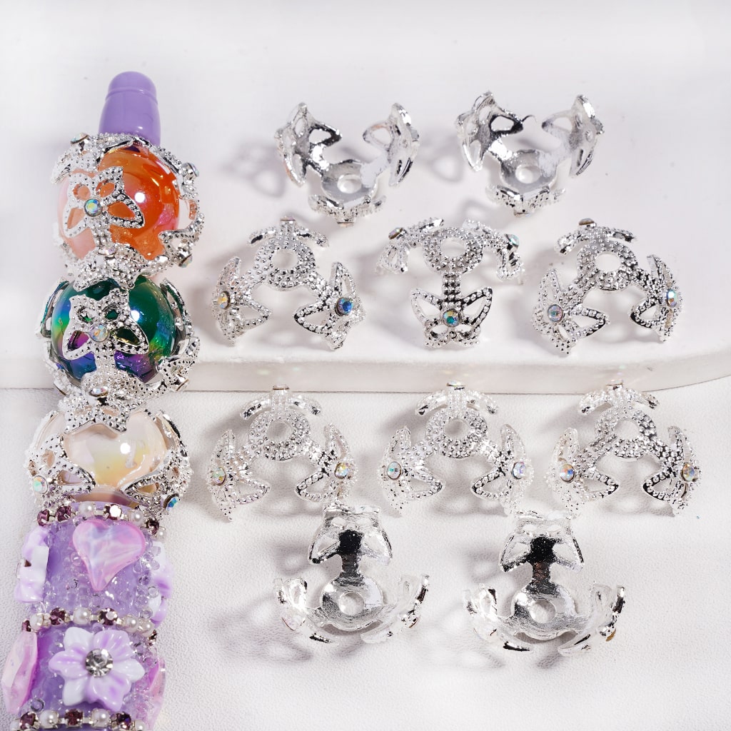 Fancy Bead Cages with Butterfly and AB Rhinestones, Alloy Bead Cap (They Fit 16MM Beads), Silver & Gold
