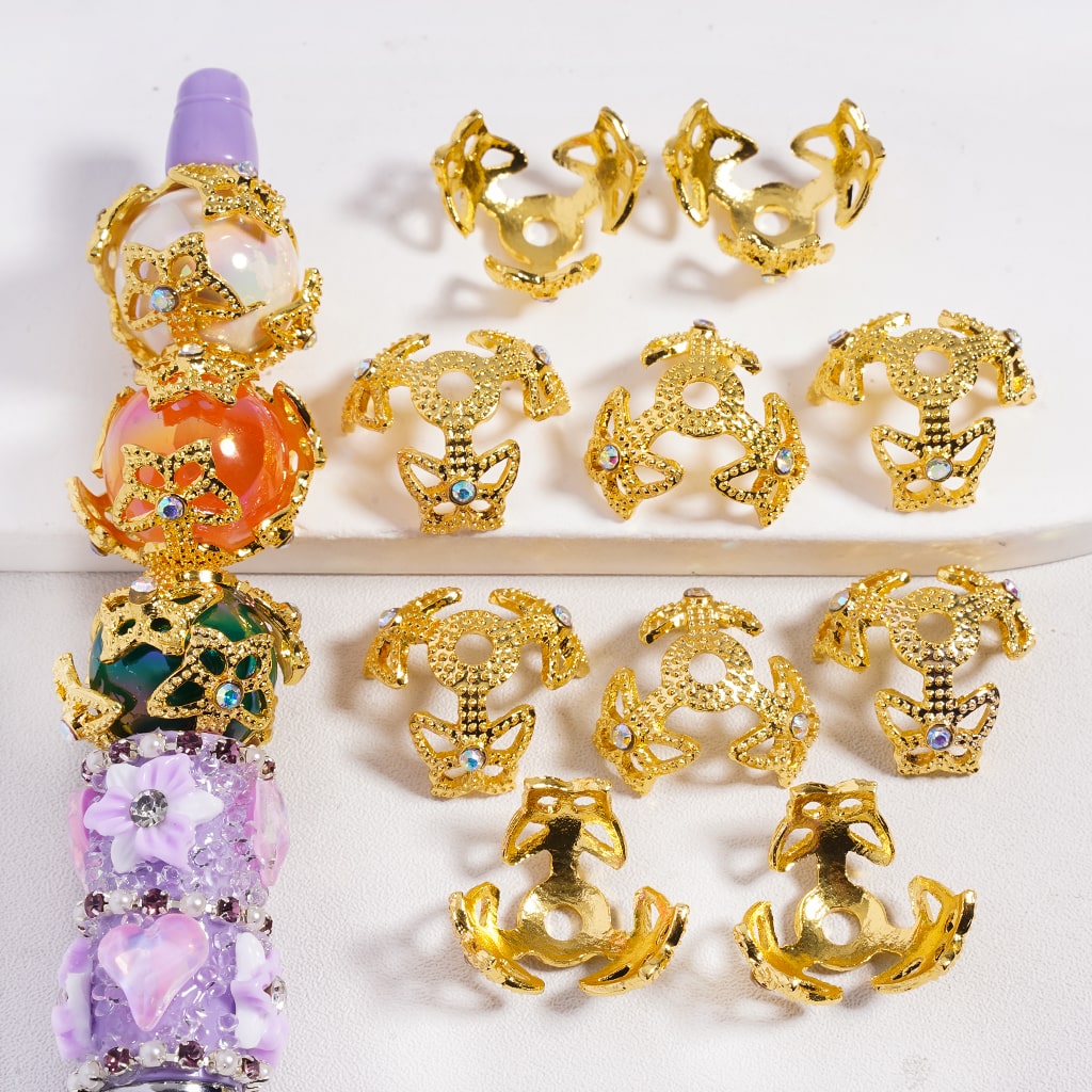 Fancy Bead Cages with Butterfly and AB Rhinestones, Alloy Bead Cap (They Fit 16MM Beads), Silver & Gold