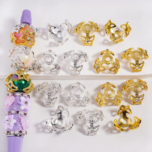 Fancy Bead Cages with Butterfly and AB Rhinestones, Alloy Bead Cap (They Fit 16MM Beads), Silver & Gold