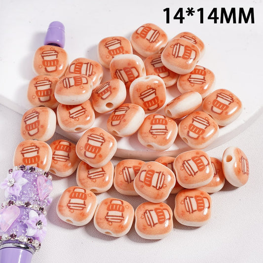 Acrylic Beads with Coffee Cup Pattern in Warm Orange Color, Curved Square Shape, 14*14MM