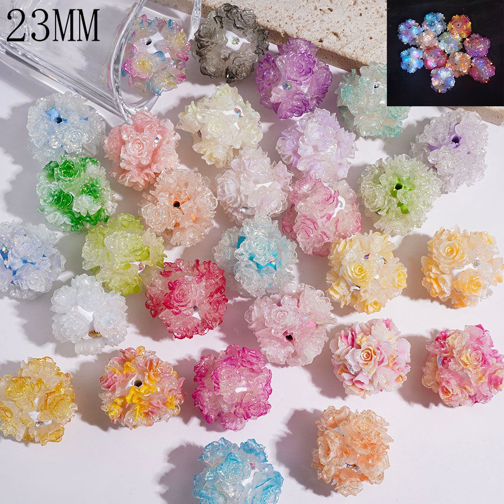Clay Beads Luminous Glitter Flower with AB Rhinestone, 23MM Multi-Color Random Mix