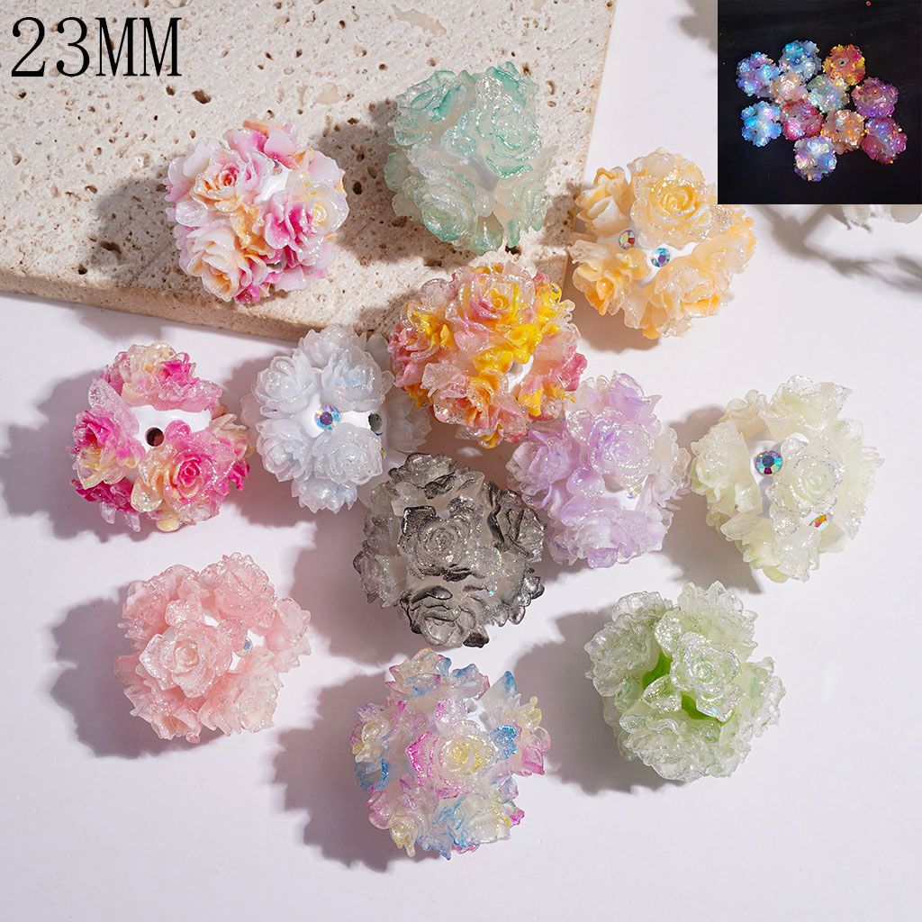 Clay Beads Luminous Glitter Flower with AB Rhinestone, 23MM Multi-Color Random Mix