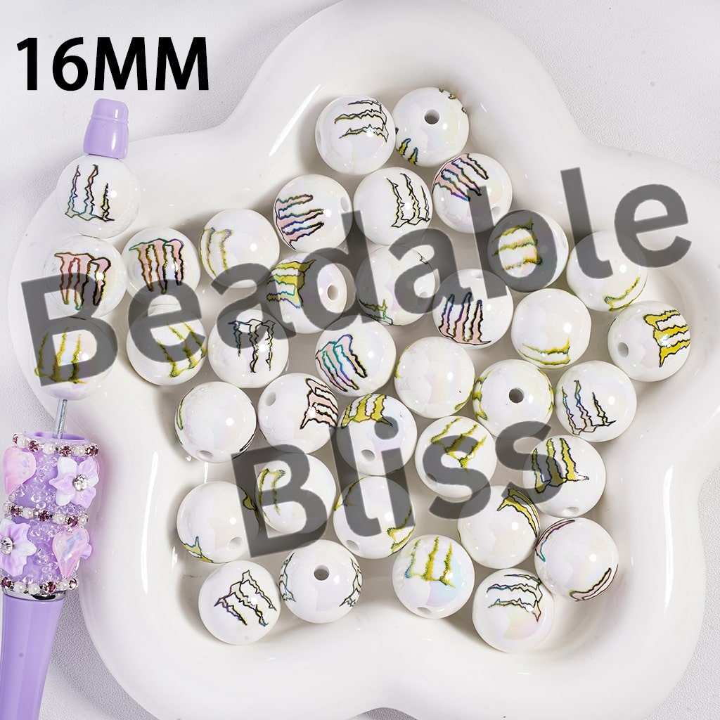 Acrylic Beads UV Coating Monster Claw Print in White Background, Round, 16MM, Random Mix