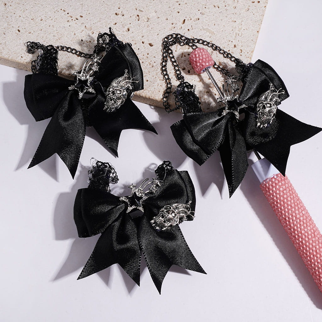 Gothic Black Crescent Moon Fabric Acrylic Beads, Metal Skull Cross Hand Birdcage Fabric Bow Star Rose Flower, Gun Black Chain
