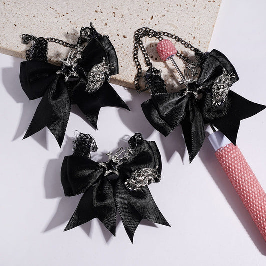 Gothic Black Crescent Moon Fabric Acrylic Beads, Metal Skull Cross Hand Birdcage Fabric Bow Star Rose Flower, Gun Black Chain